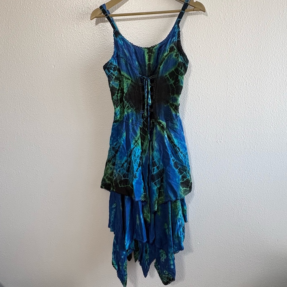 Wevez Blue Green Tie Dye Pixie Style Lace Up Asymmetric Hem Dress Fairy Hippie